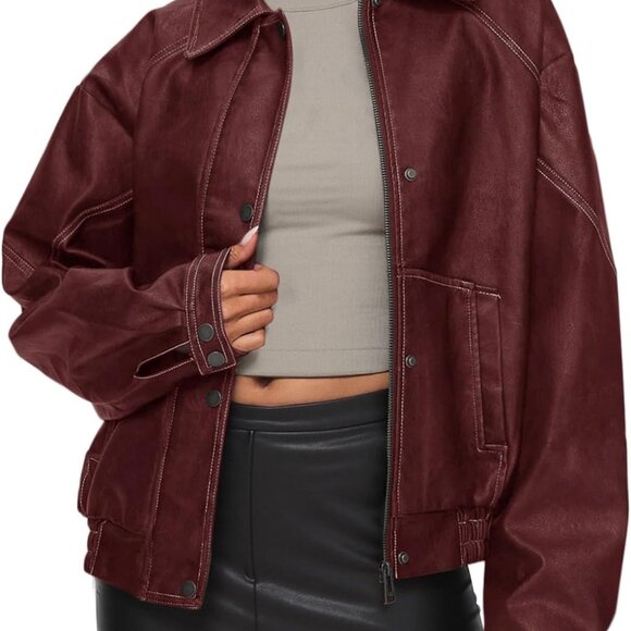 Faux Leather Jacket Women Bomber Motorcycle Zip Up Jackets Oversized Fall Fashio - Picture 1 of 5